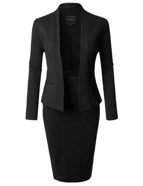 Le3no Womens Long Sleeve Open Blazer And High Waisted Pencil Skirt Suit Set Suitsets Business