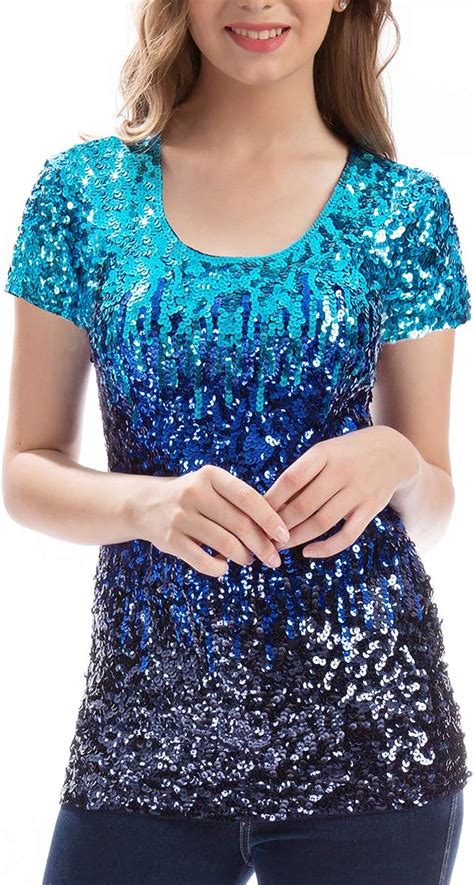 Maner Womens Full Sequin Tops Glitter Party Shirt Short Sleeve Sparkle