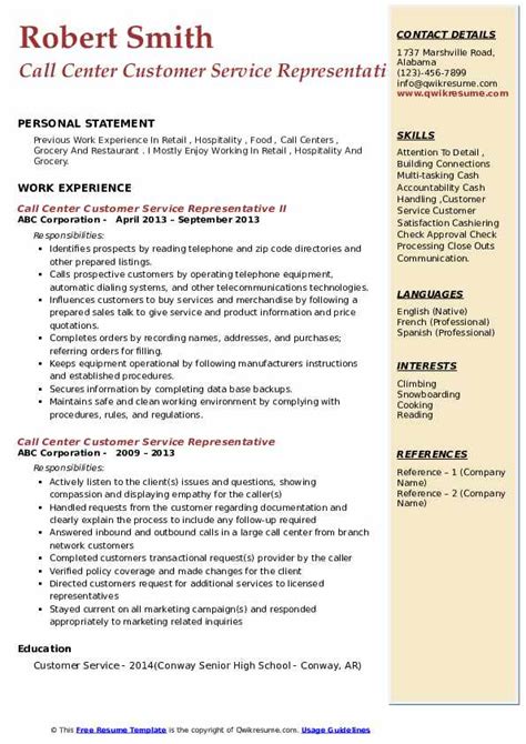 Sample Resume For Customer Service Representative Call Center
