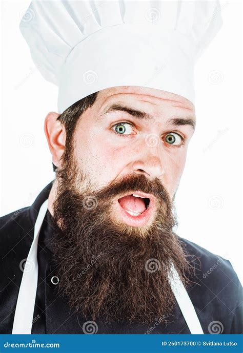 Surprised Bearded Chef In Uniform Cooking Emotions Portrait Of Professional Male Cook Or