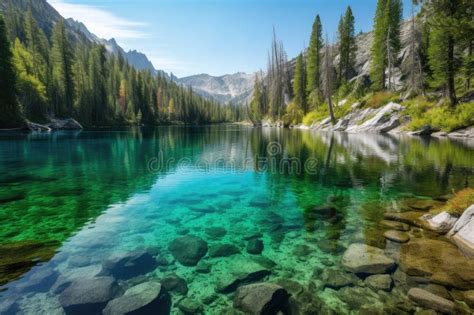 Crystal Clear Lake Surrounded By Snowy Mountain Peaks And Forests Stock