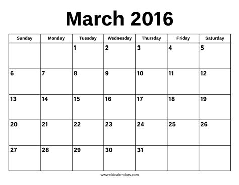 March 2016 Calendar Printable Old Calendars