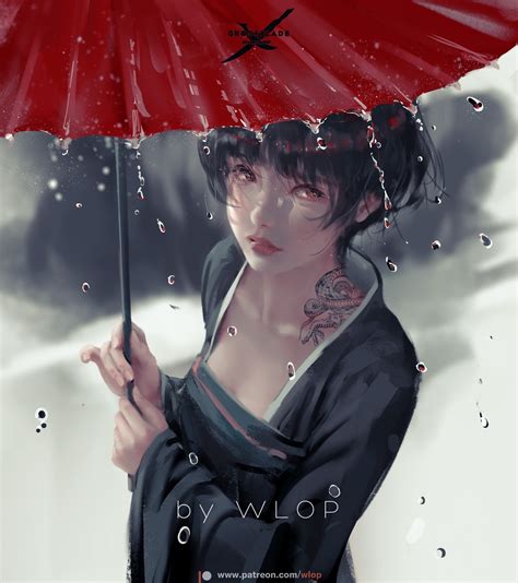 Wallpaper Wlop Artwork Digital Art Rain Umbrella Women Short