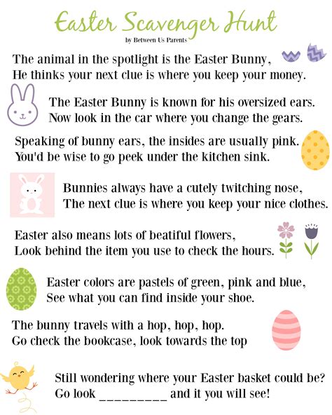 Easter egg hunt clues for your next scavenger hunt! Printable Easter Scavenger Hunt Clues - 2016 Edition | Between Us Parents