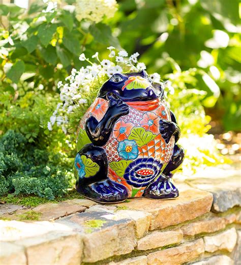 Colorful Handcrafted Talavera Style Frog Sculptureplanter Wind And