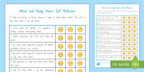 Work And Study Student Self Assessment Checklist Student Self Assessment