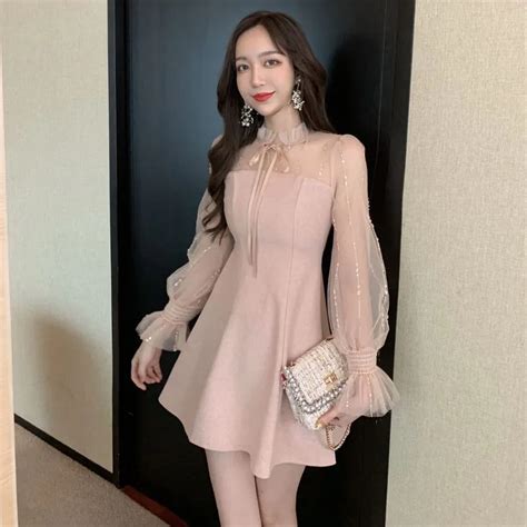 Korean Chic Sweet Style Womens Clothing Mesh Patchwork Pink A Line Dress Fashion Woman Autumn