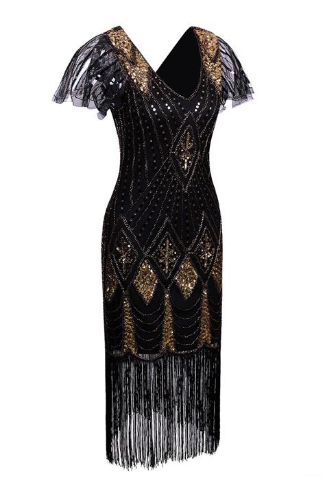 Zapaka Womens Black And Gold V Neck Sequins Glitter Fringe Vintage