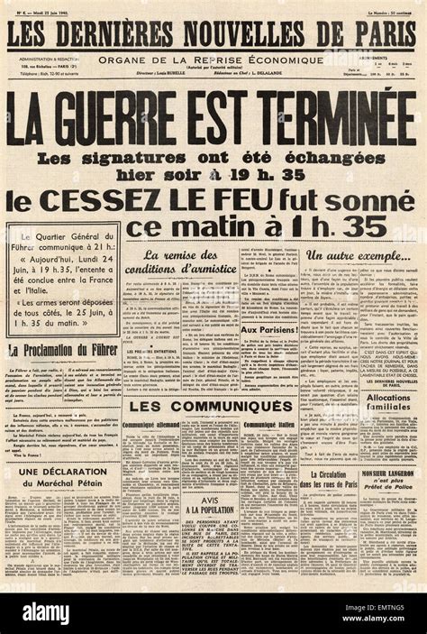1940 Front Page Les Dernieres Nouvelles France Surrenders Stock Photo
