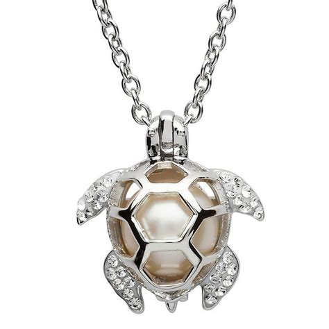 Turtle Necklace With Pearl White Crystal Ocean Jewelry