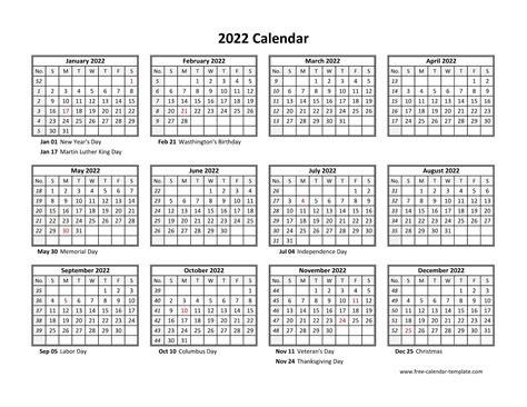 Yearly Calendar Printable 2022 Free Letter Templates