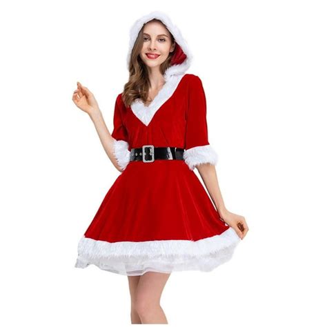Fanxing Clearance Deals Mrs Santa Claus Costume For Women Christmas Dresses Velvet Hooded Winter