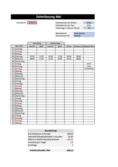Arbeitszeiterfassung Excel Vorlage Schweiz Gratis Download