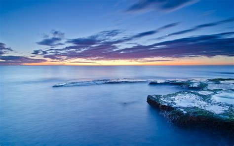 Spain Valencia Shore Coast Stones Moss Sea Calm Evening Sunset Blue Sky