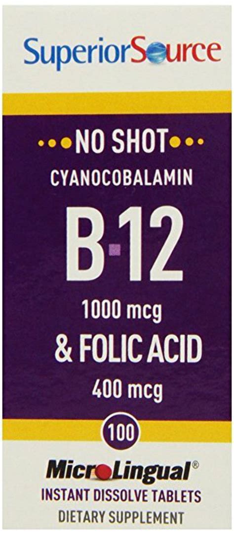 Superior Source No Shot Vitamin B12 Cyanocobalamin 1000 Mcg Folic