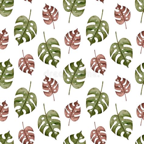 Watercolor Seamless Tropical Pattern With Brown And Green Monstera Palm