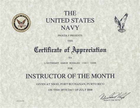 Air Force Instructor Of The Month Certificate