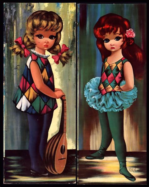 Vintage 1960s Big Eyed Girls Harlequin Moppet Set Of 4 Art Prints By