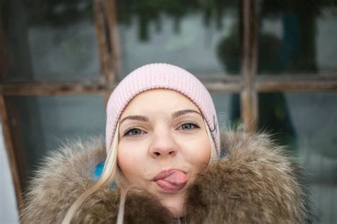 Pretty Blonde Woman Selfie Close Up Portrait In Winter City Park Outdoor Winter Lifestyle