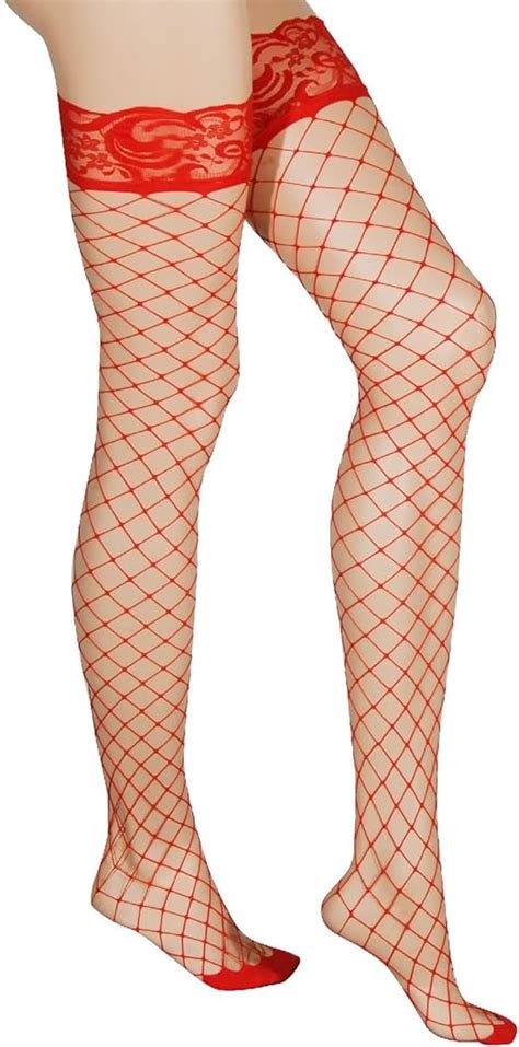 Amazon Com Fence Net Stocking With Lace Top Red One Size Fishnet Thigh Highs Clothing