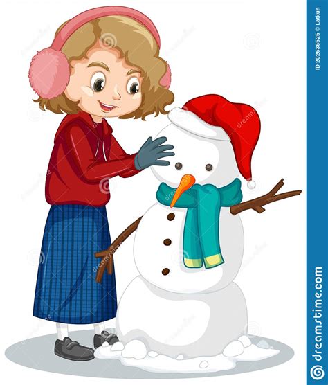 Cute Girl Making Snowman On White Background Stock Vector
