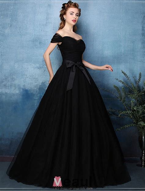 beautiful simple ball gown off the shoulder sweetheart black tulle prom dress 2016 with bow sash