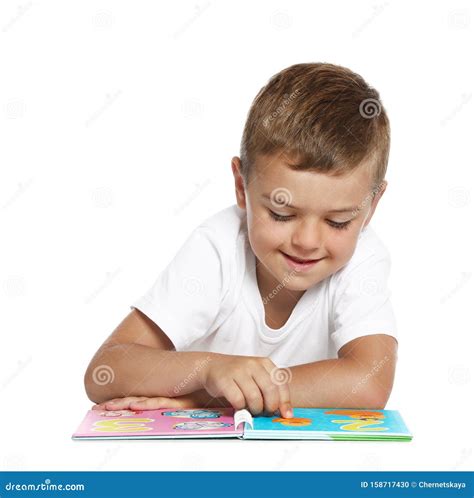 Cute Little Boy Reading Book On White Stock Photo Image Of Page