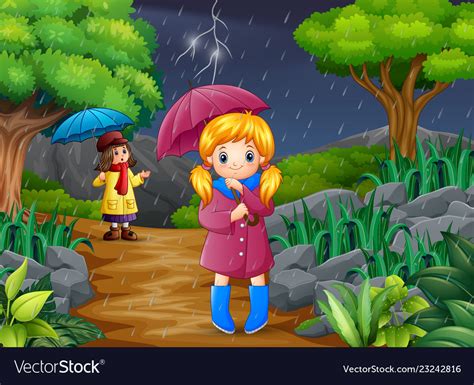 Cartoon Two Girl Carrying Umbrella Under The Rain Vector Image