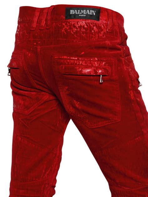Lyst Balmain Waxed Velvet Quilted Biker Jeans In Red For Men