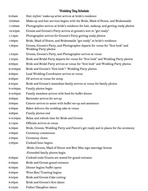 sample wedding timeline