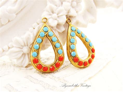 Summer Turquoise And Coral Swarovski Rhinestone Pave Earring Dangles In