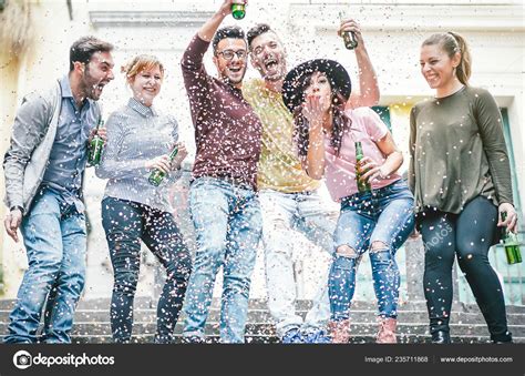 Group Happy Friends Doing Party Drinking Beer Throwing Confetti Young