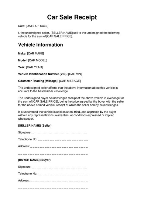 Free Vehicle Private Sale Receipt Template Pdf Word Eforms Car Sale