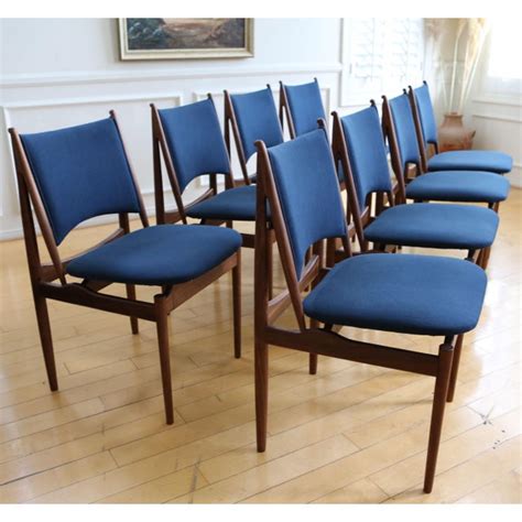 39.5 wide x 39.5 deep x 28.5 inches high; Mid Century Modern Teak Dining Chairs in Navy Blue - Set of 8 | Chairish