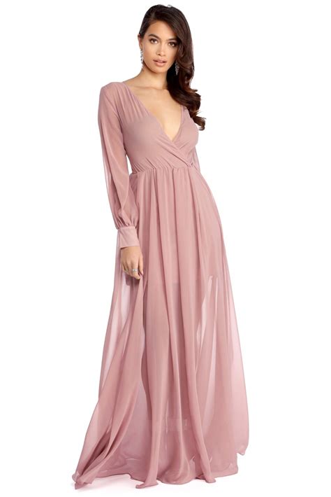 Emilia Pink Chiffon Wrap Dress Maxi Dress With Sleeves Flowy