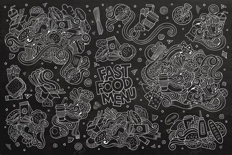 Fast Food Doodles Hand Drawn Colorful Vector Symbols And Objects