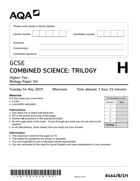 Aqa Combined Science Trilogy Biology Paper 1 H