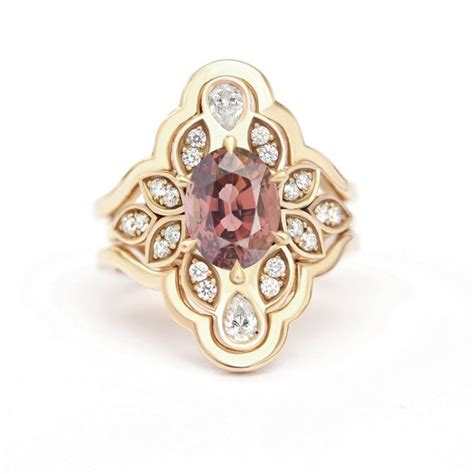 Unique Spinel Diamond Flower Engagement Ring Set Optional Ring Guard