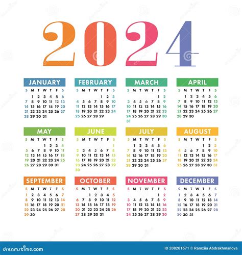 Calendar 2024 English Colorful Vector Square Wall Or Pocket Calender