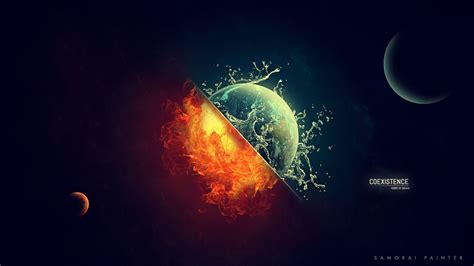 Digital Art Space Universe Planet Sun Moon Earth Fire Burning