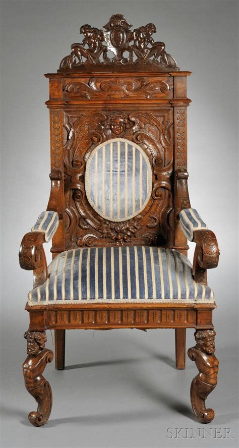 2 different carved scenes on the backrests, turn carved spindle legs, and stretcher supports, beautiful wood grain, heavy solid wood construction, great antique chairs. Italian Carved and Upholstered Armchair | Antique ...