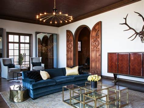 Here are five tips to design with indoor plants in rooms with high above: Living Room With a Velvet Sofa and Copper Tin Ceiling | HGTV