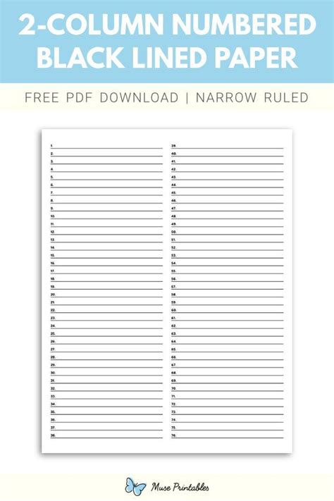 Free Printable 2 Column Numbered Black Lined Paper Narrow Ruled Paper