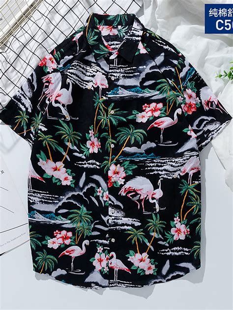 Herren Flamingos lässig Button Down Kurzarm Aloha Hawaii Hemd orange xl