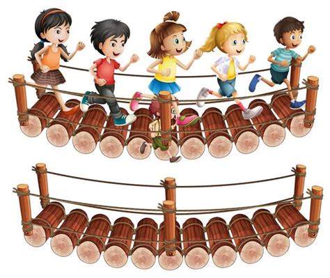 Children Running Across The Wooden Bridge 374080 Vector Art At Vecteezy