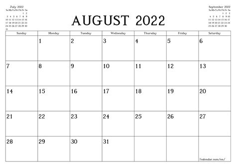 2022 August Calendar Printable 