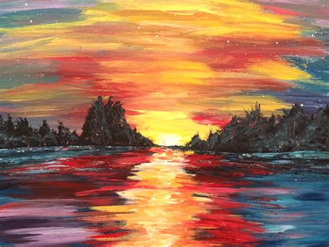 Chinese style ink sunrise red sun ink mountain. "Sunrise on the Canal" - Acrylic on Canvas