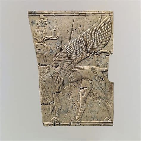 Plaque With A Striding Ram Headed Winged Sphinx Wearing An Atef Crown