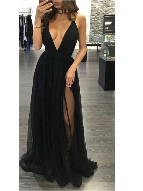 boho black flowy long prom dress sexy plunge v neck evening dress
