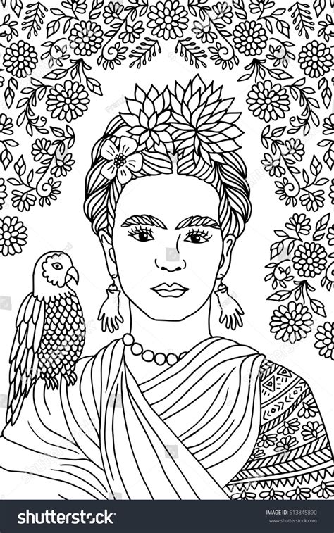 Hand Drawn Portrait Frida Kahlo Floral Image Vectorielle De Stock